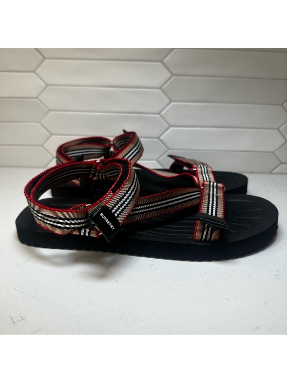 Burberry Black Sandals with Beige and Red Striped Webbing - Picture 3 of 8